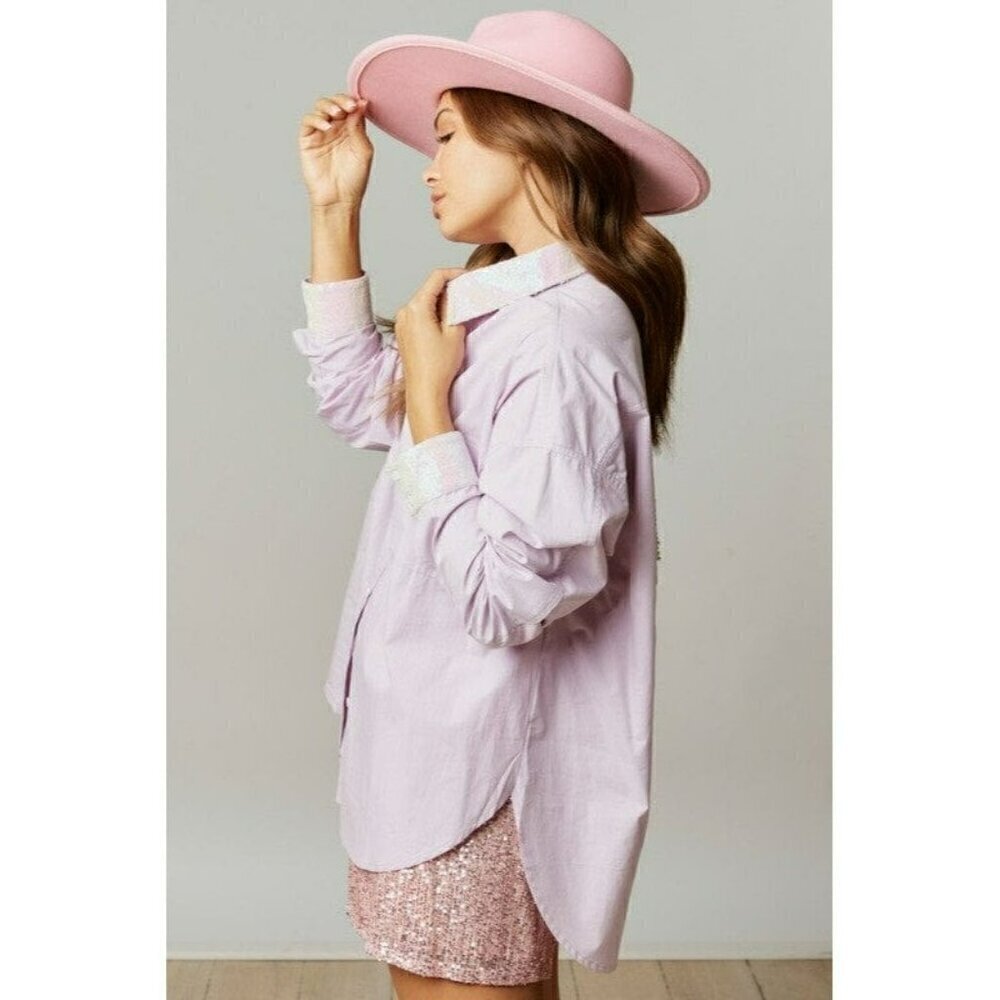 Mimosa Brunch Sequin Patch Poplin Oversize Shirt in Lavender - Picture 7 of 8